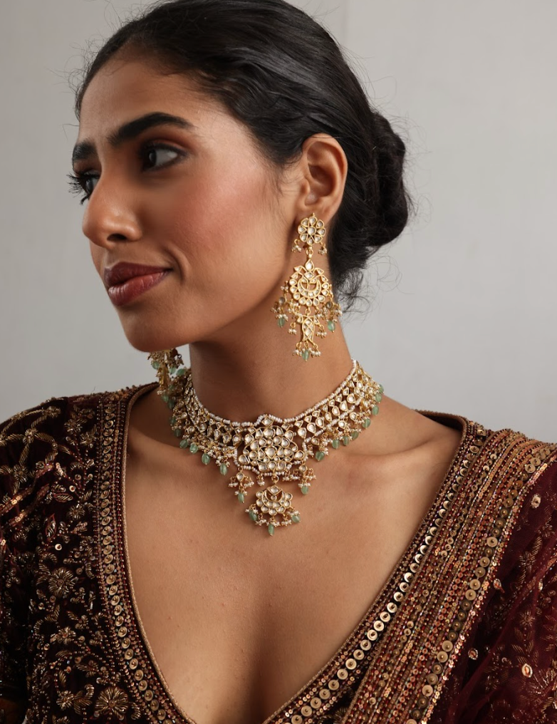 925 Silver Bavara Lavenya Polki Choker Necklace Set - Amrrutam