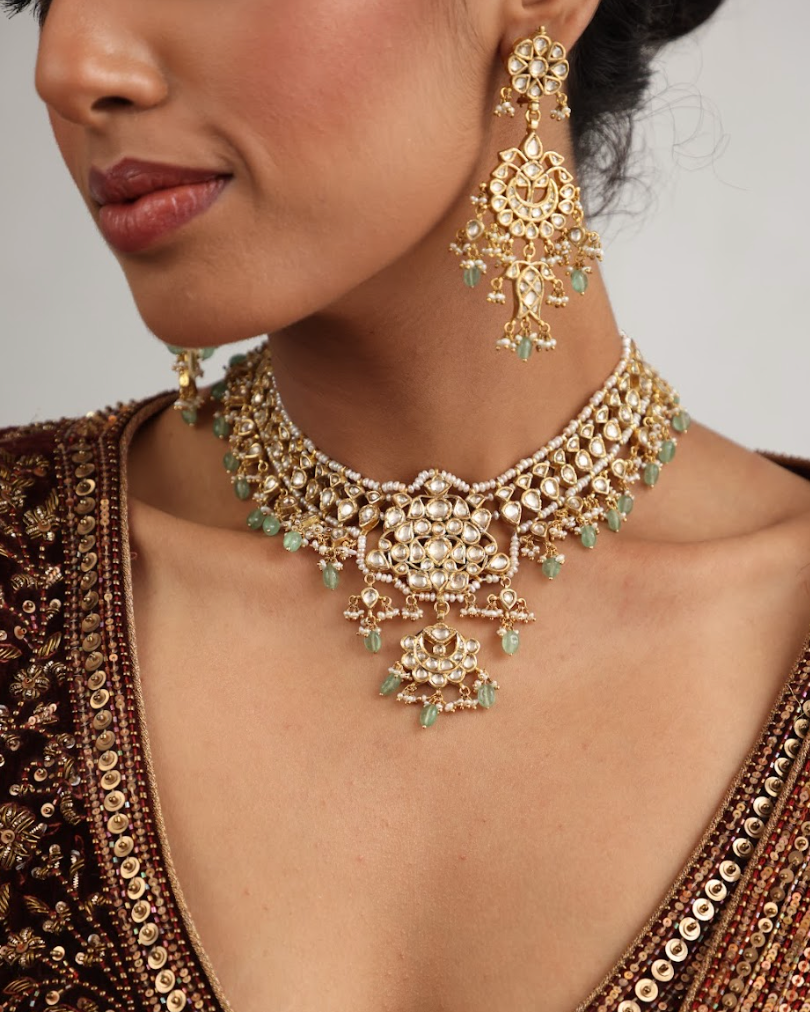 925 Silver Bavara Lavenya Polki Choker Necklace Set - Amrrutam