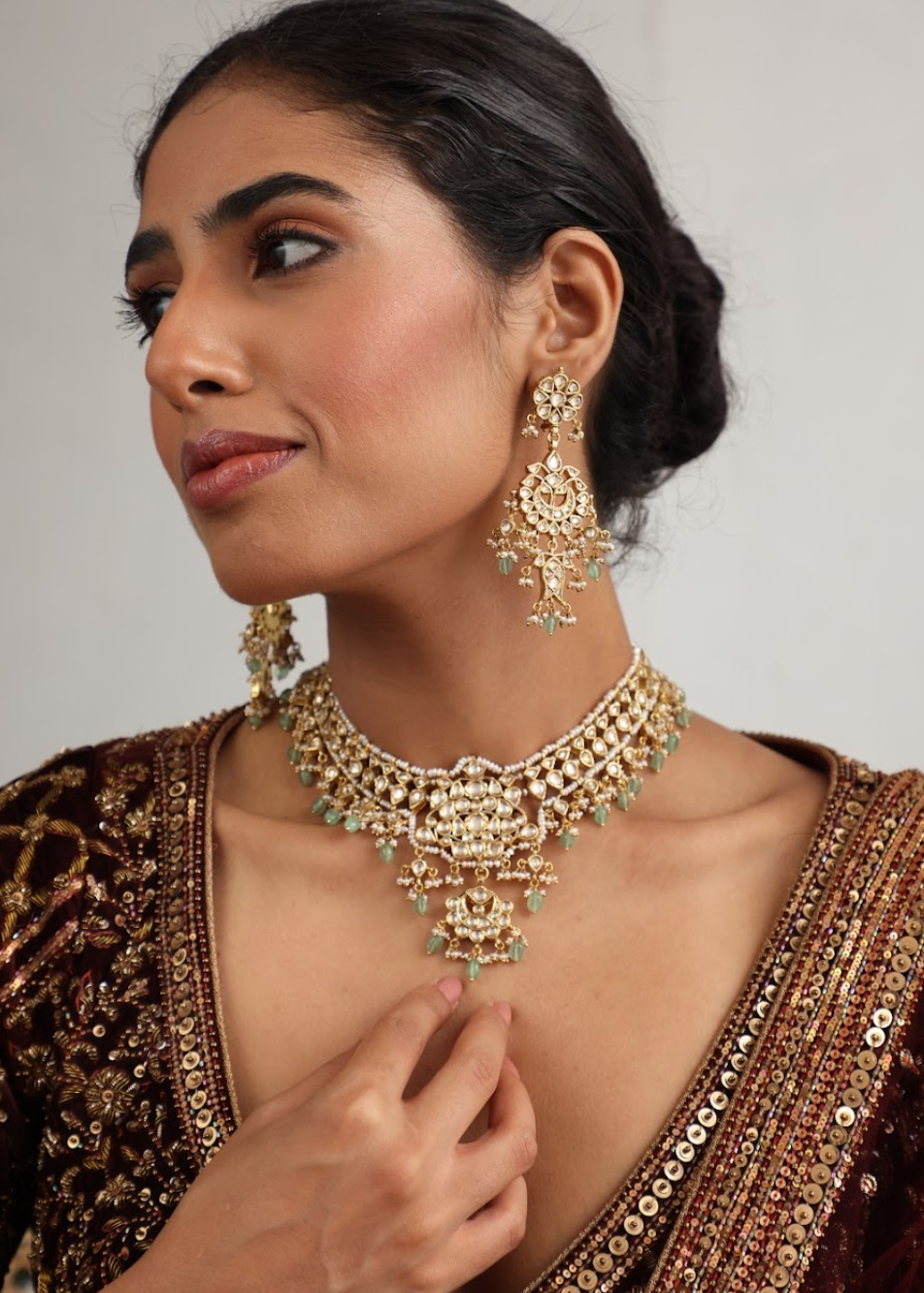 925 Silver Bavara Lavenya Polki Choker Necklace Set - Amrrutam