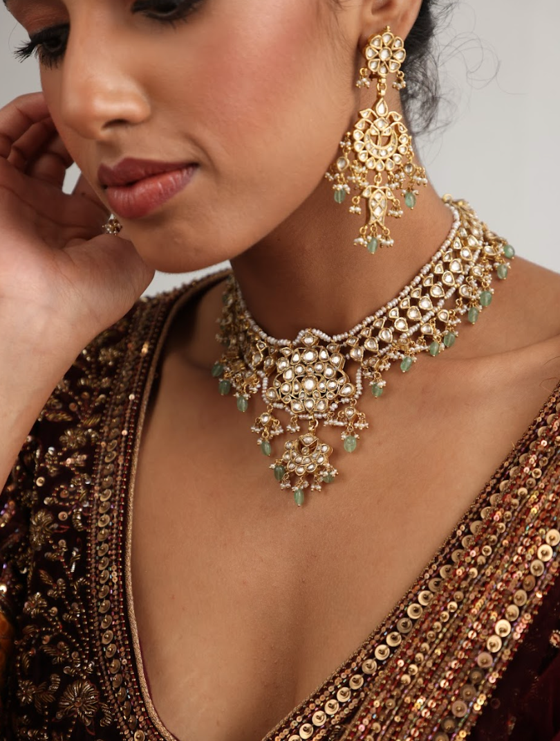 925 Silver Bavara Lavenya Polki Choker Necklace Set - Amrrutam