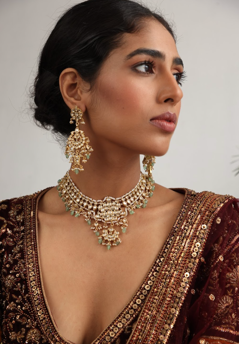 925 Silver Bavara Lavenya Polki Choker Necklace Set - Amrrutam