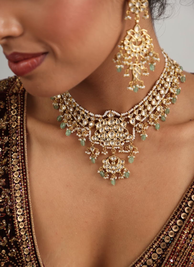 925 Silver Bavara Lavenya Polki Choker Necklace Set - Amrrutam