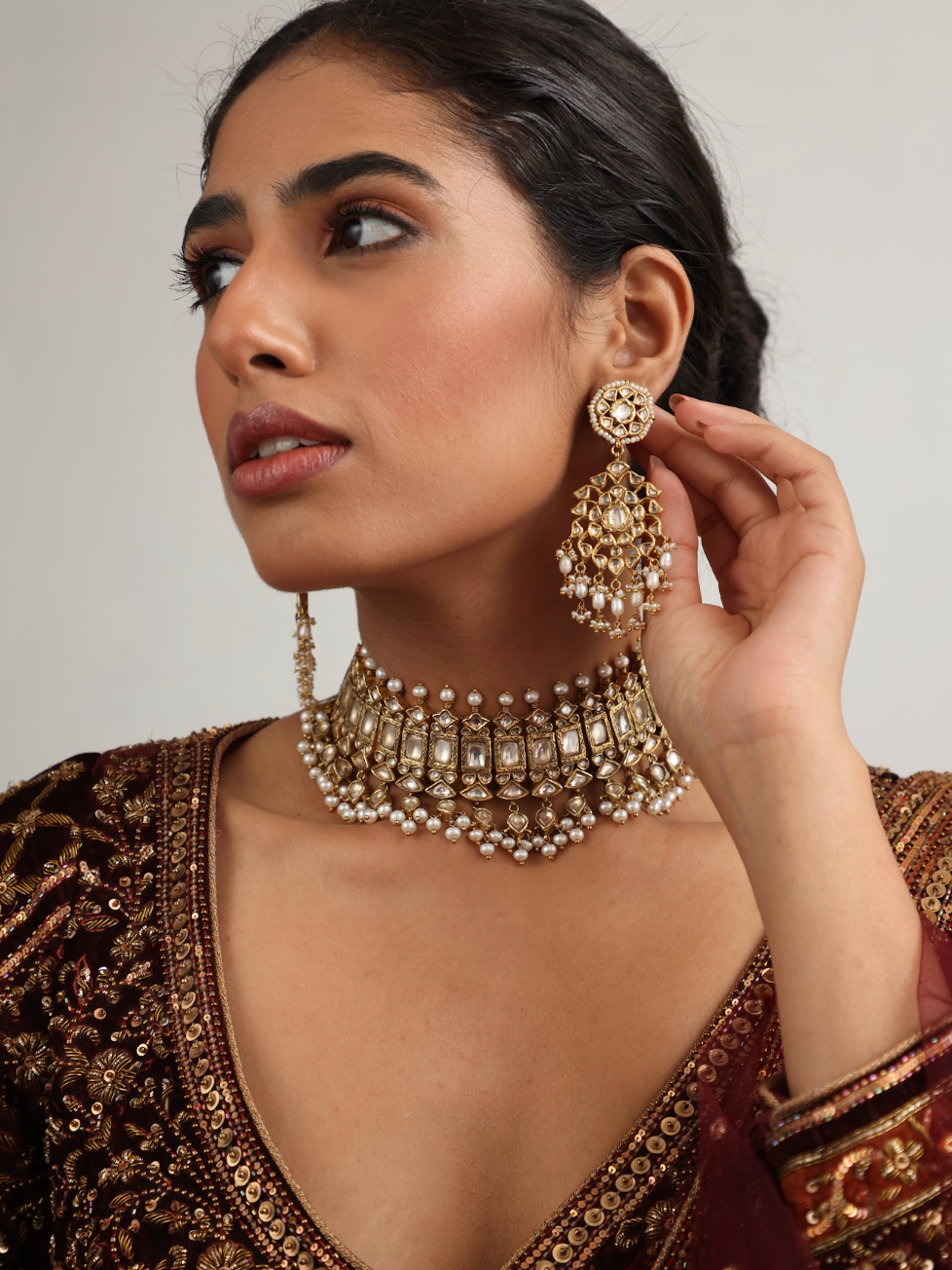 925 Silver Bavara Mava Polki Choker Necklace Set - Amrrutam