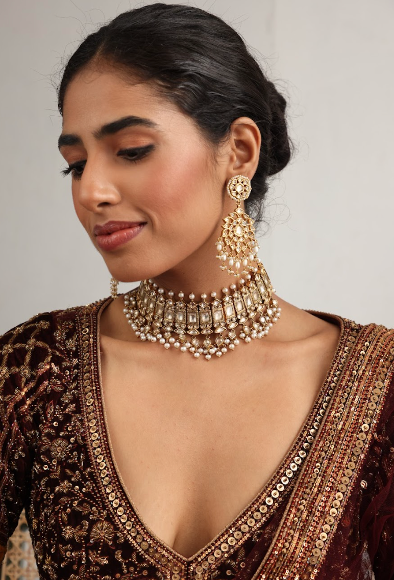 925 Silver Bavara Mava Polki Choker Necklace Set - Amrrutam