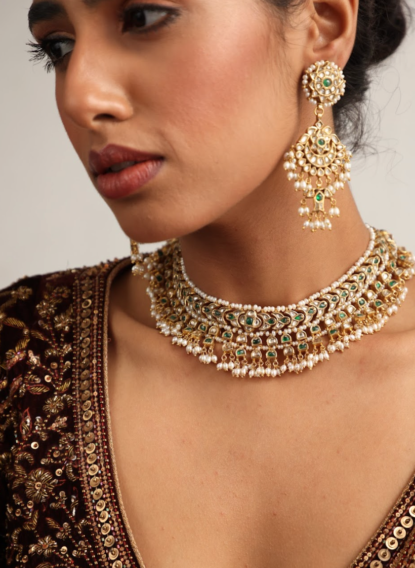 925 Silver Bavara Vaidehi Polki Choker Necklace Set - Amrrutam
