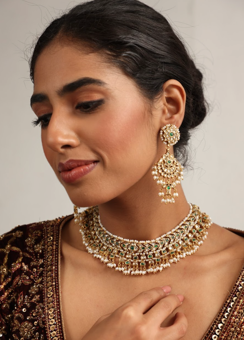 925 Silver Bavara Vaidehi Polki Choker Necklace Set - Amrrutam