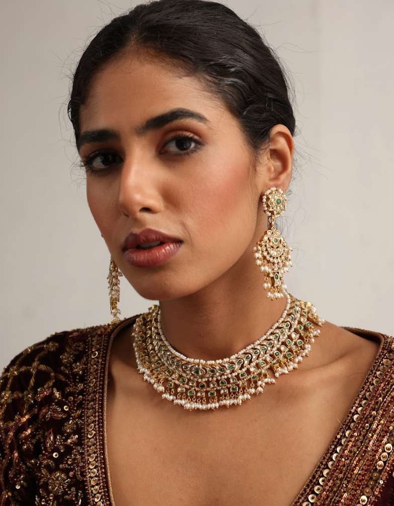 925 Silver Bavara Vaidehi Polki Choker Necklace Set - Amrrutam