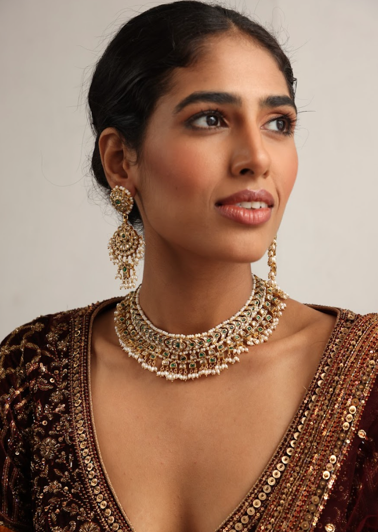925 Silver Bavara Vaidehi Polki Choker Necklace Set - Amrrutam