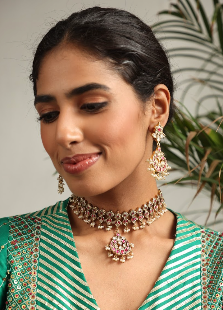 925 Silver Bavara Melange Polki Necklace Set - Amrrutam