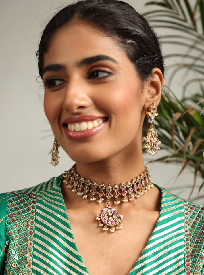 925 Silver Bavara Melange Polki Necklace Set - Amrrutam