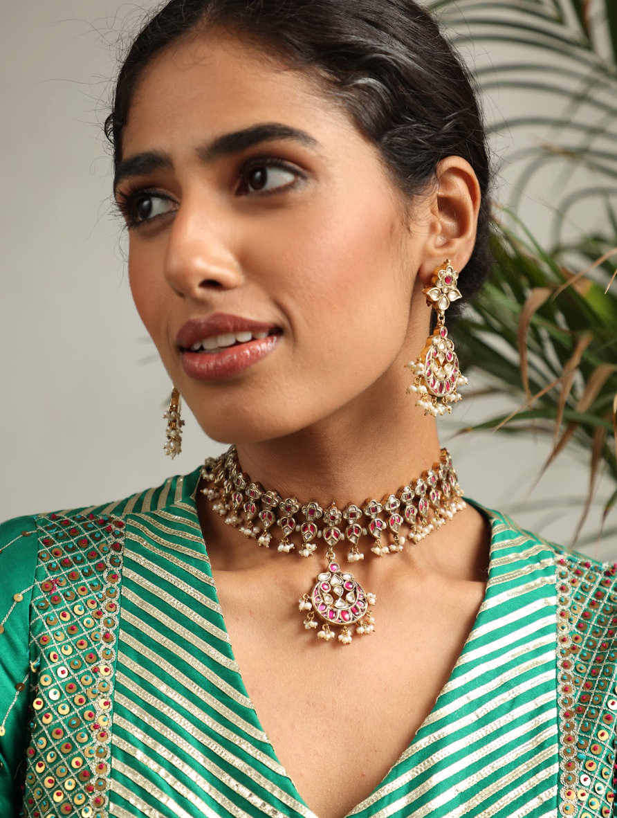 925 Silver Bavara Melange Polki Necklace Set - Amrrutam