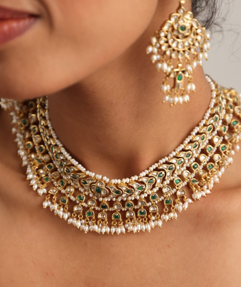 925 Silver Bavara Vaidehi Polki Choker Necklace Set - Amrrutam