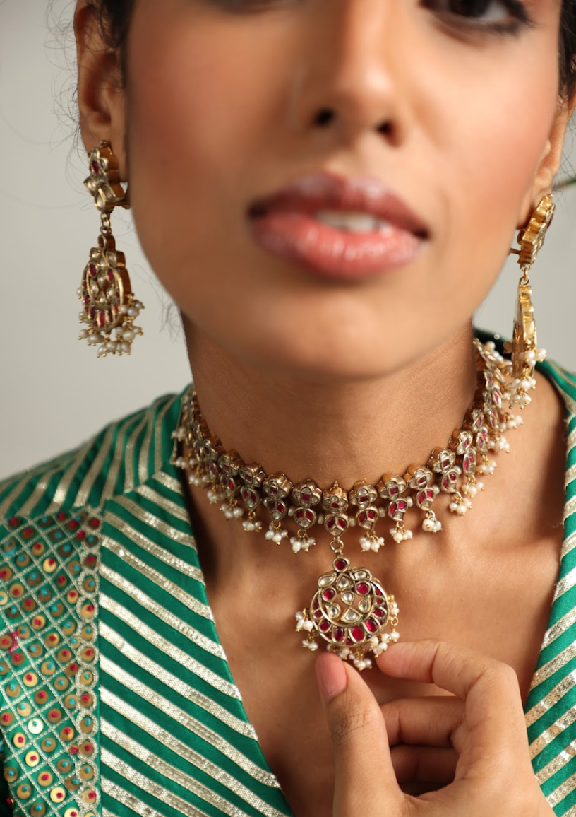 925 Silver Bavara Melange Polki Necklace Set - Amrrutam