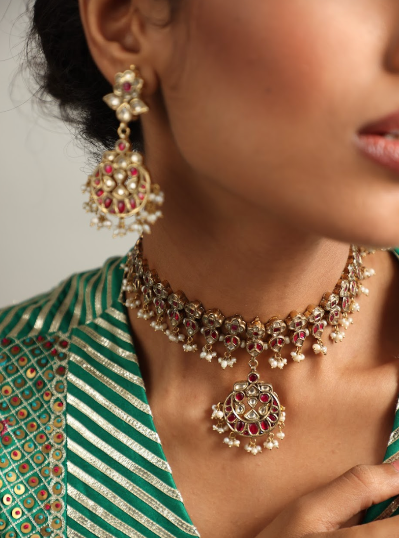 925 Silver Bavara Melange Polki Necklace Set - Amrrutam