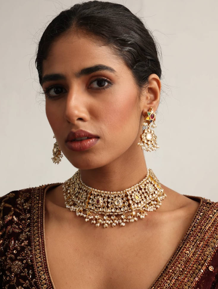925 Silver Bavara Navratan Polki Necklace Set - Amrrutam