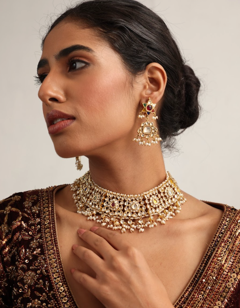 925 Silver Bavara Navratan Polki Necklace Set - Amrrutam