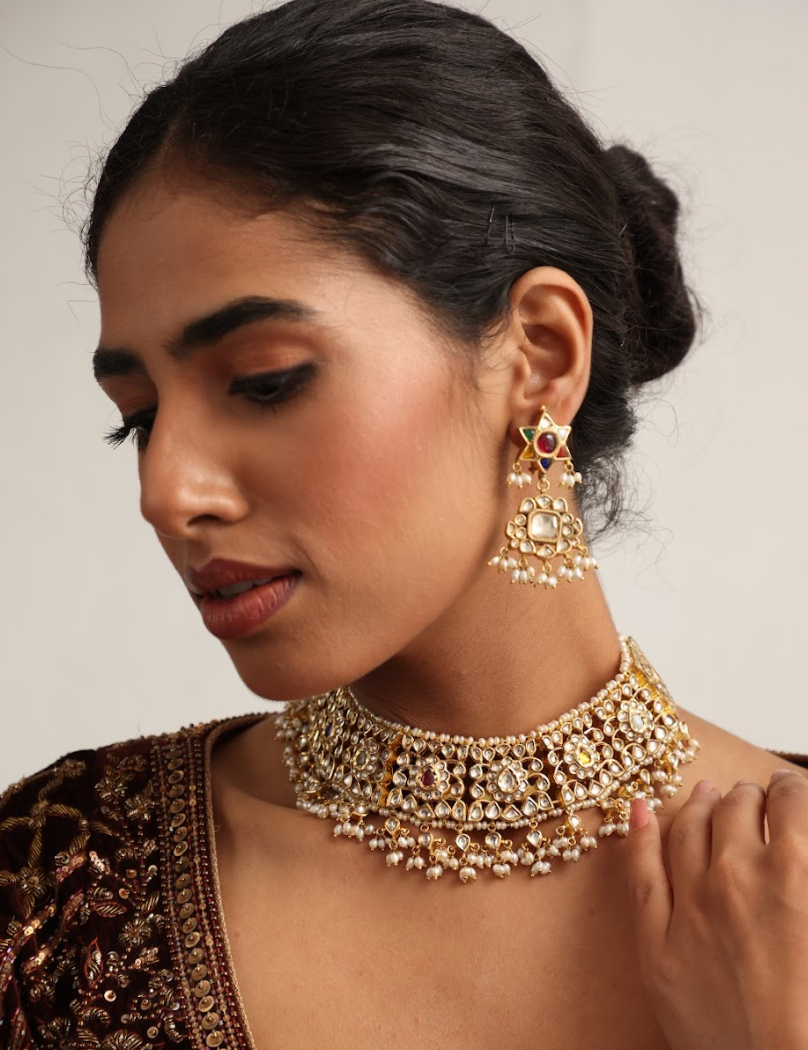 925 Silver Bavara Navratan Polki Necklace Set - Amrrutam