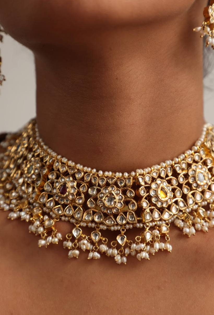 925 Silver Bavara Navratan Polki Necklace Set - Amrrutam