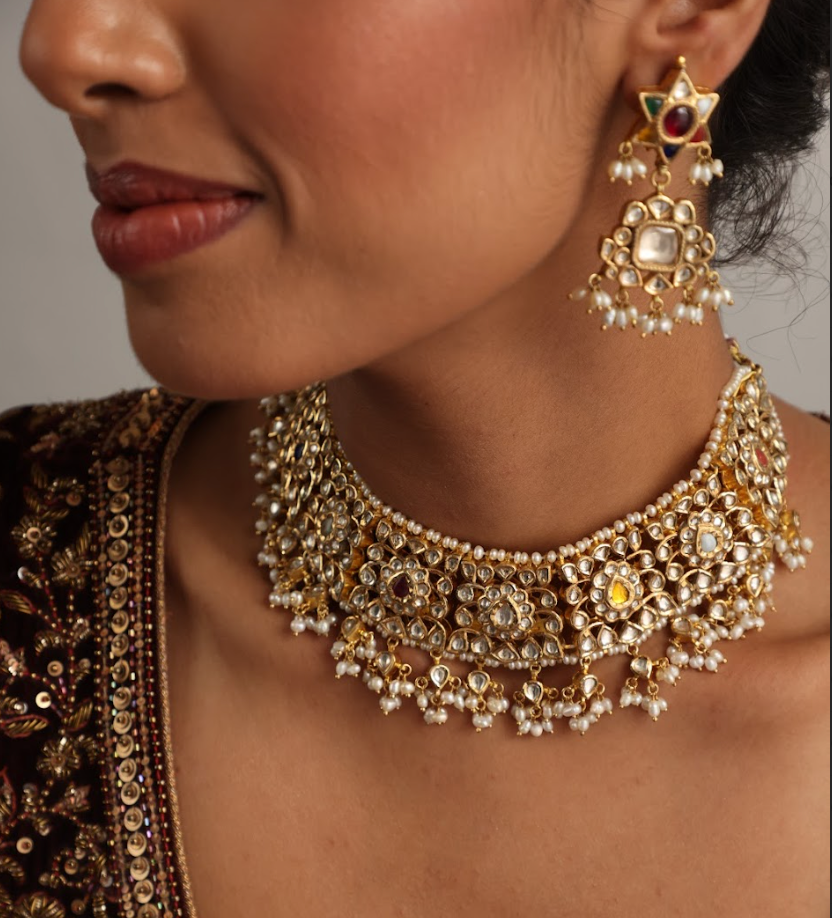925 Silver Bavara Navratan Polki Necklace Set - Amrrutam