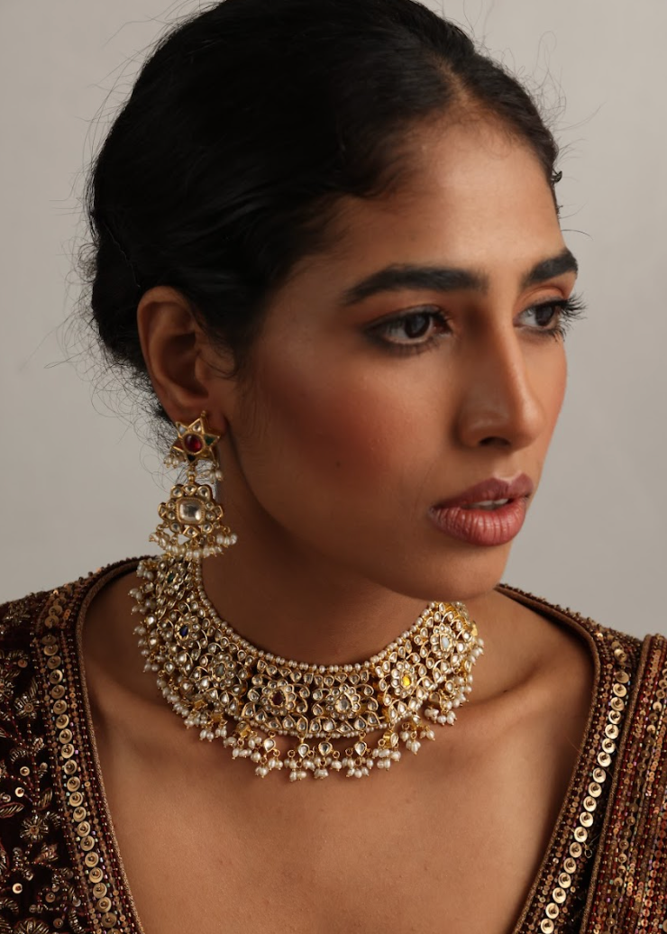 925 Silver Bavara Navratan Polki Necklace Set - Amrrutam