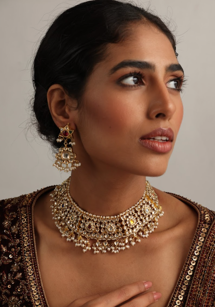 925 Silver Bavara Navratan Polki Necklace Set - Amrrutam
