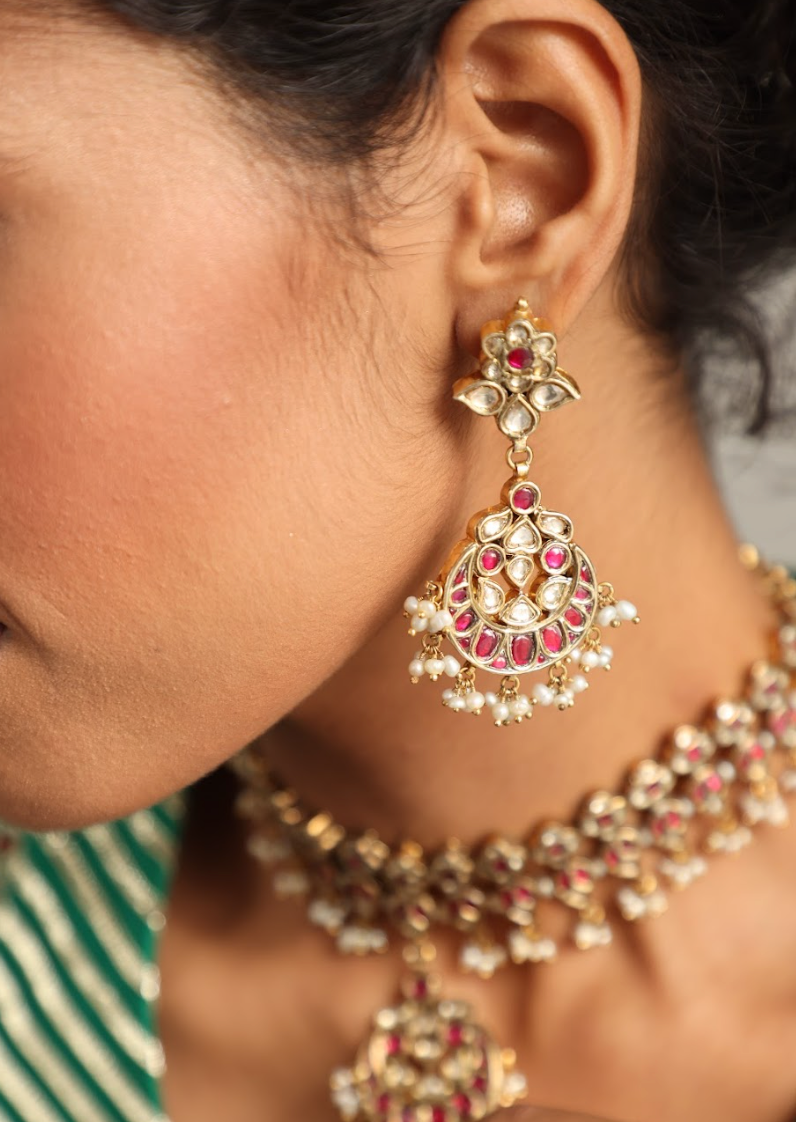 925 Silver Bavara Melange Polki Necklace Set - Amrrutam