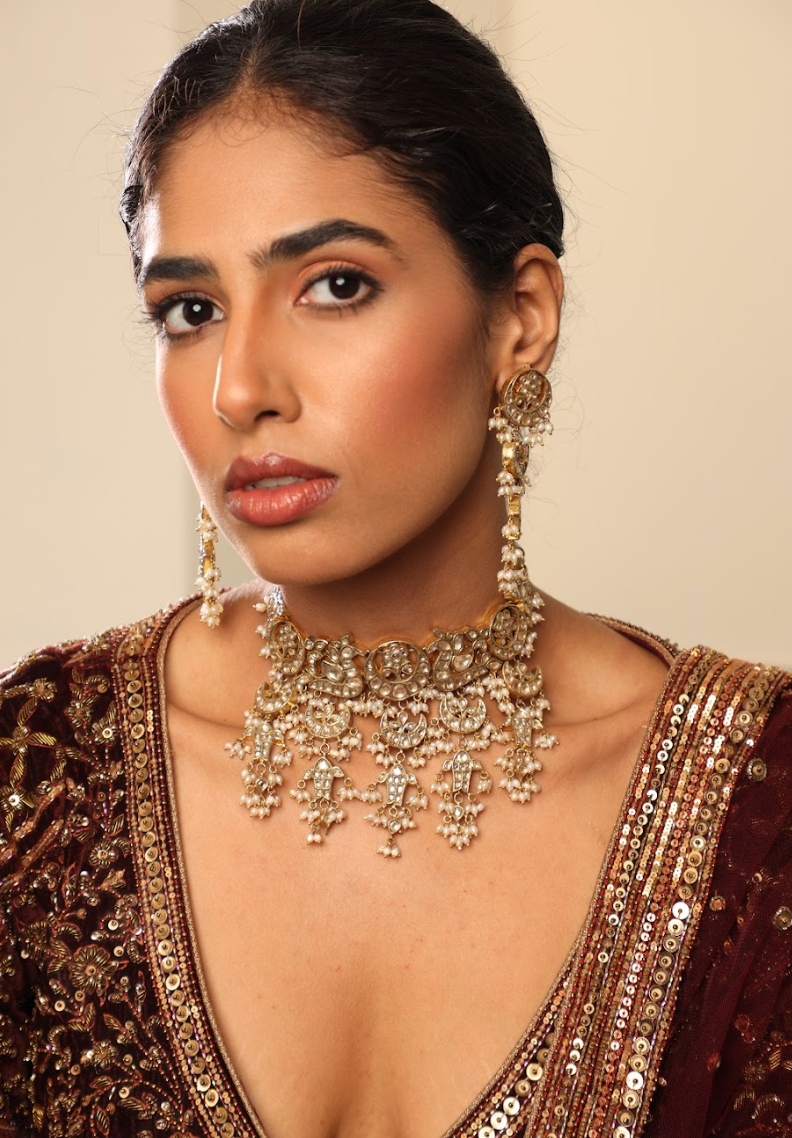 925 Silver Bavara Polki Choker Necklace Set - Amrrutam