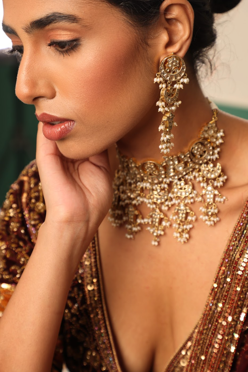 925 Silver Bavara Polki Choker Necklace Set - Amrrutam