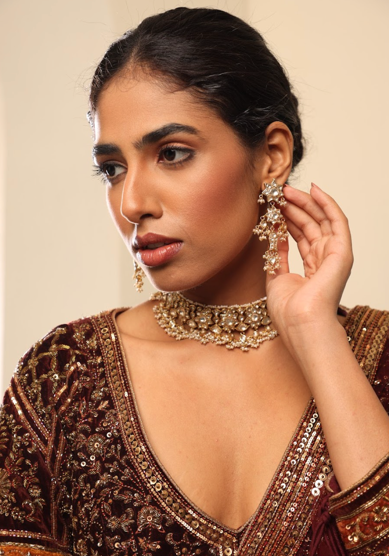 925 Silver Bavara Floral Polki Choker Necklace Set - Amrrutam