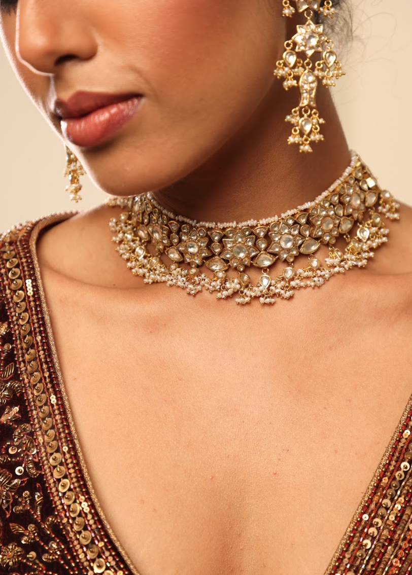 925 Silver Bavara Floral Polki Choker Necklace Set - Amrrutam