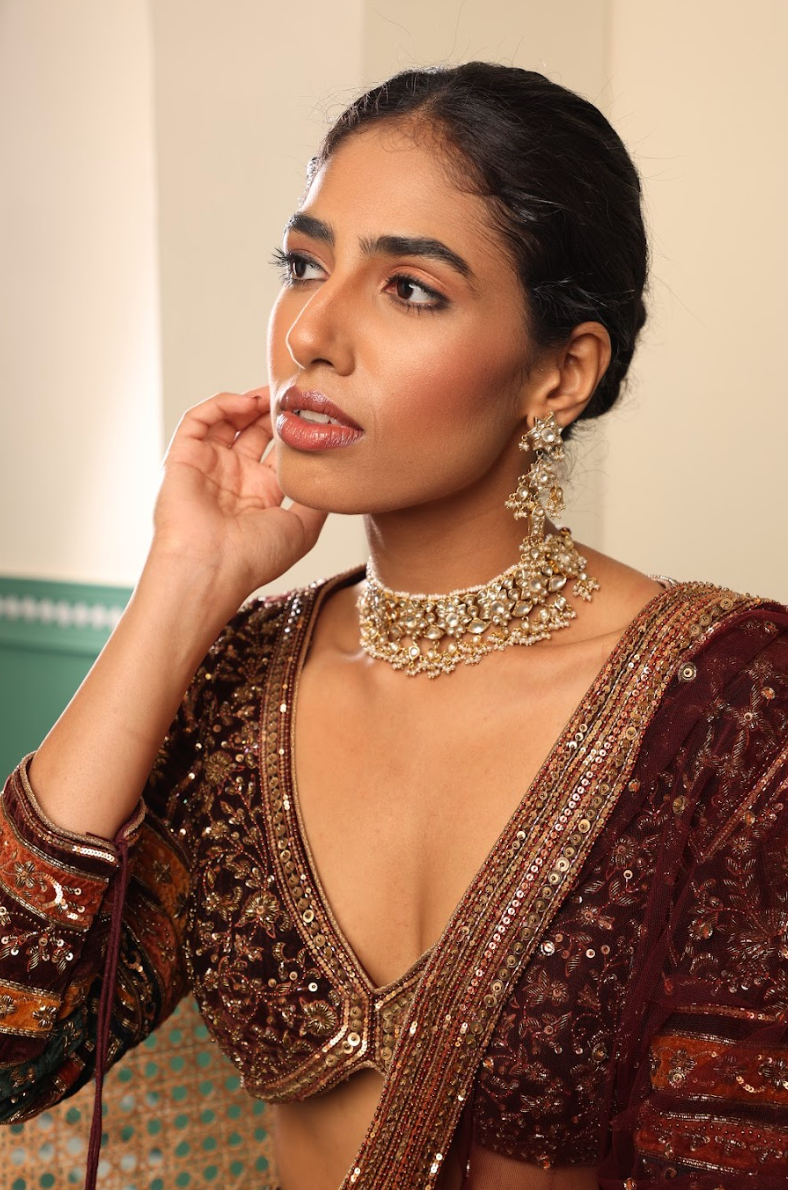 925 Silver Bavara Floral Polki Choker Necklace Set - Amrrutam