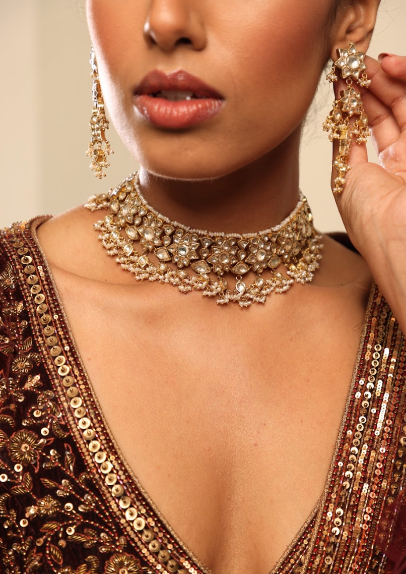 925 Silver Bavara Floral Polki Choker Necklace Set - Amrrutam