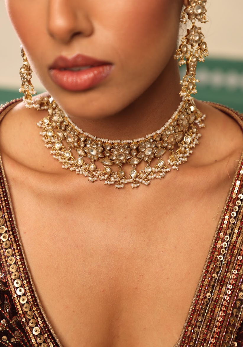 925 Silver Bavara Floral Polki Choker Necklace Set - Amrrutam