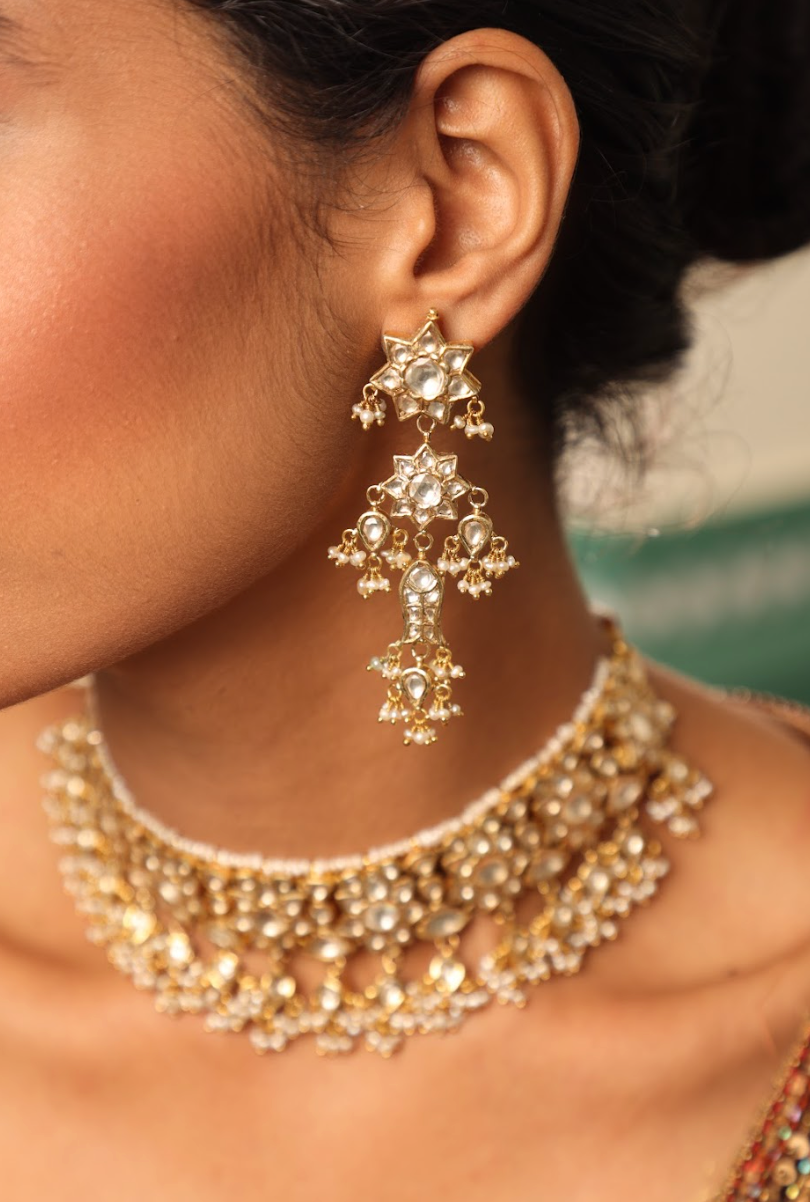 925 Silver Bavara Floral Polki Choker Necklace Set - Amrrutam