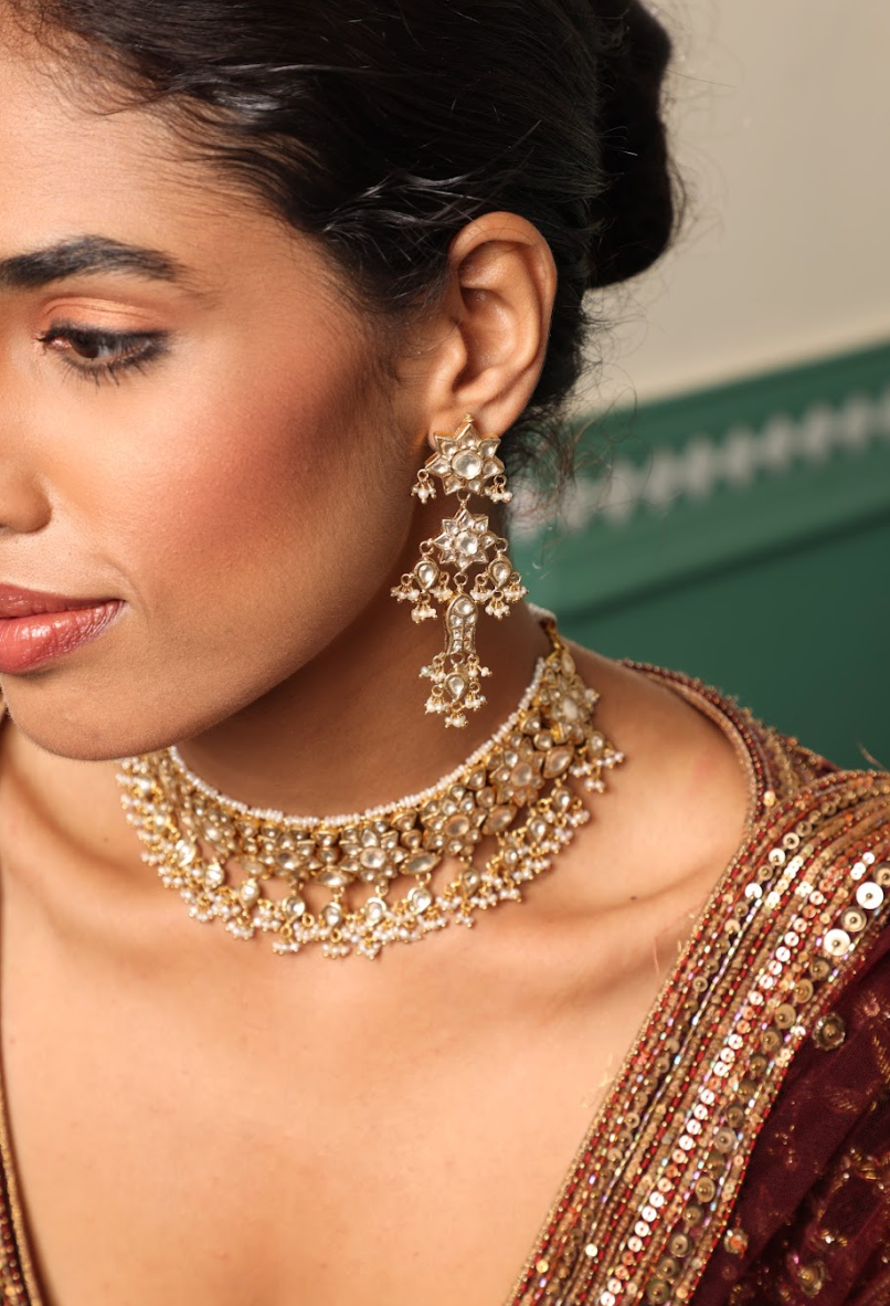 925 Silver Bavara Floral Polki Choker Necklace Set - Amrrutam