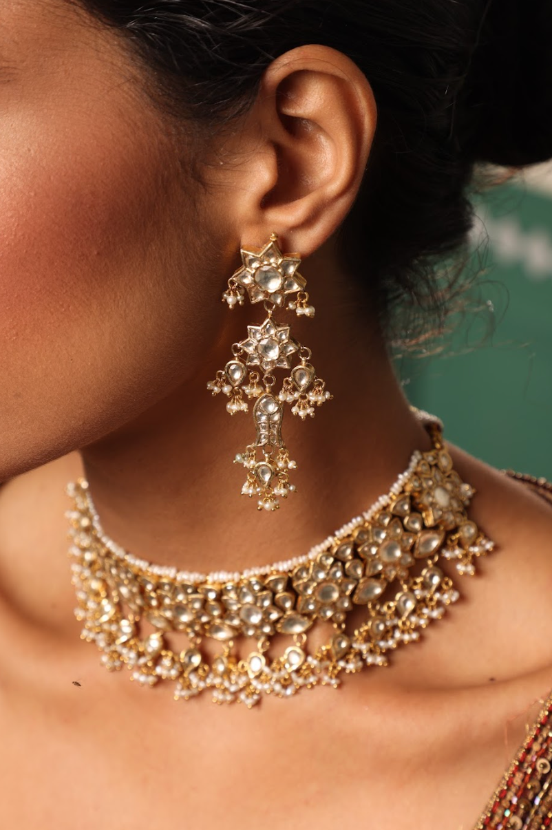 925 Silver Bavara Floral Polki Choker Necklace Set - Amrrutam