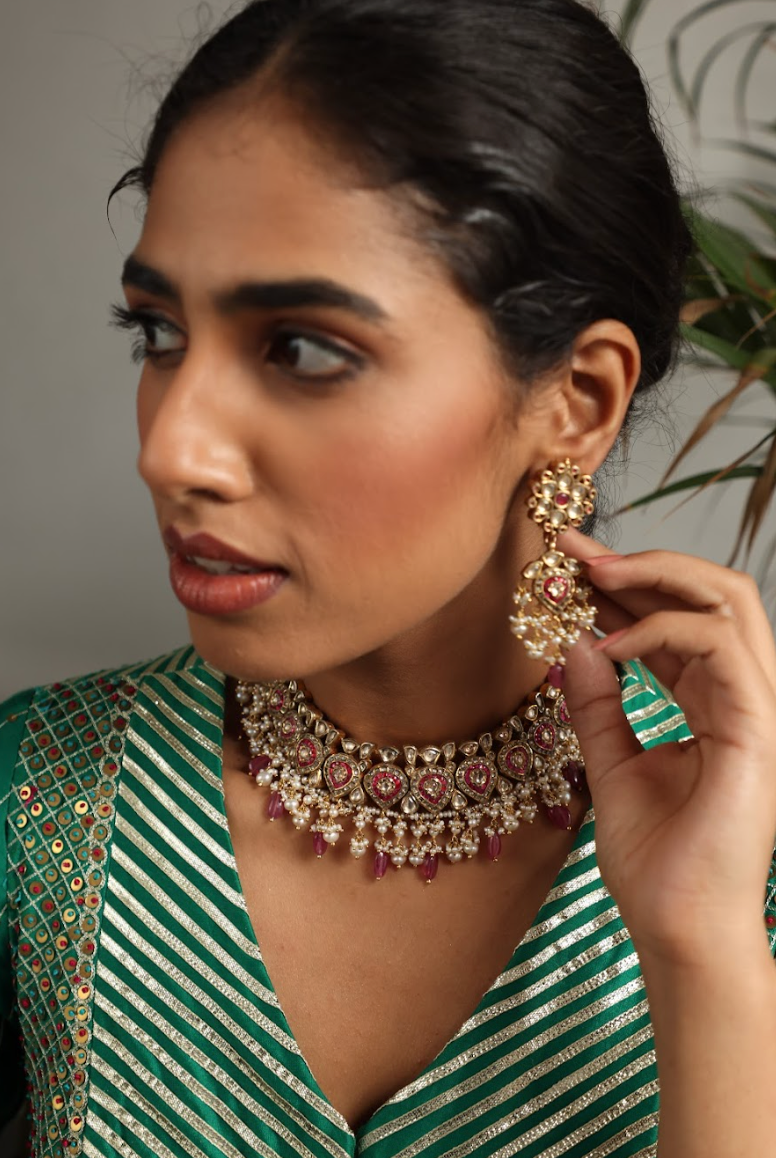 925 Silver Bavara Roza Polki Choker Necklace Set - Amrrutam