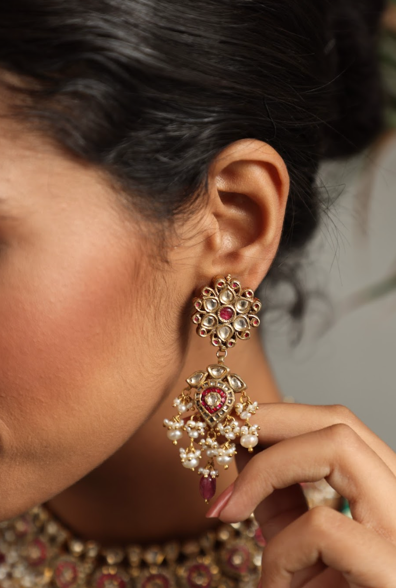 925 Silver Bavara Roza Polki Choker Necklace Set - Amrrutam