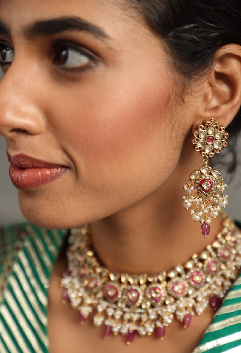 925 Silver Bavara Roza Polki Choker Necklace Set - Amrrutam