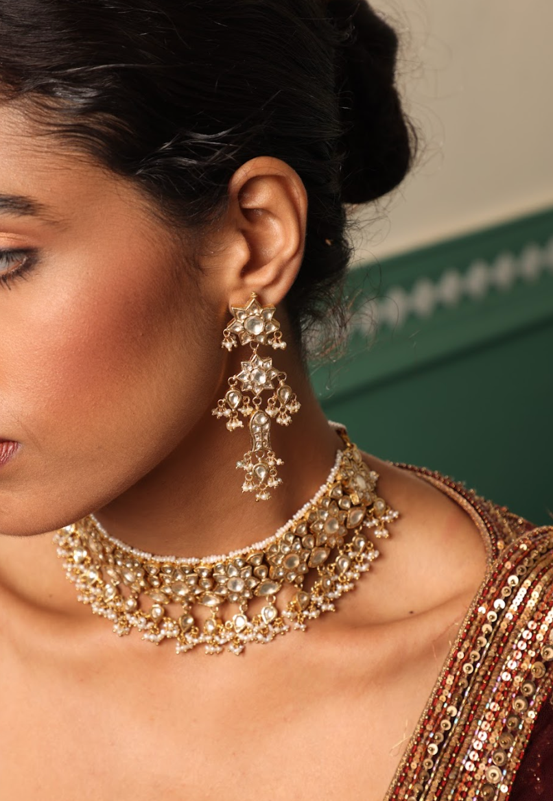 925 Silver Bavara Floral Polki Choker Necklace Set - Amrrutam