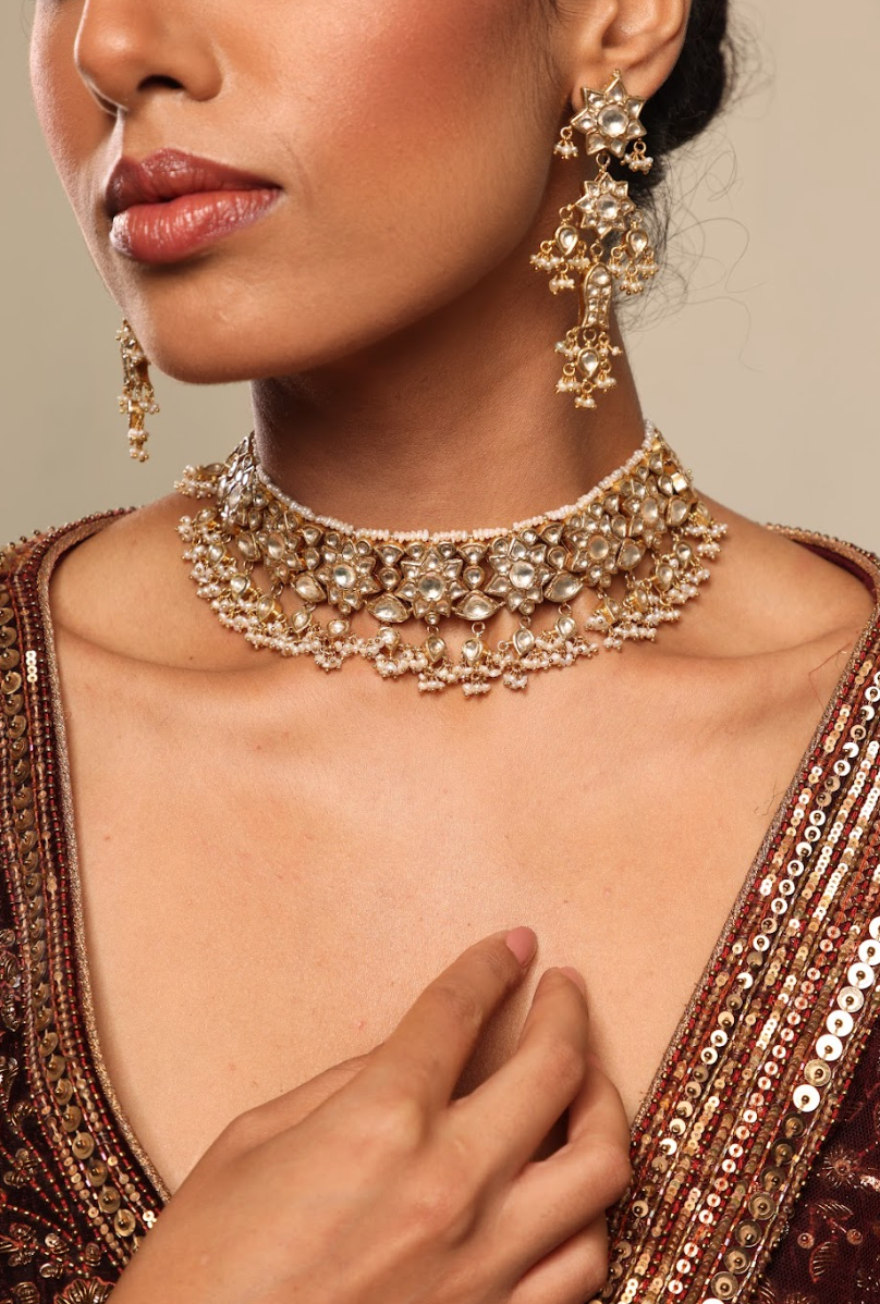 925 Silver Bavara Floral Polki Choker Necklace Set - Amrrutam