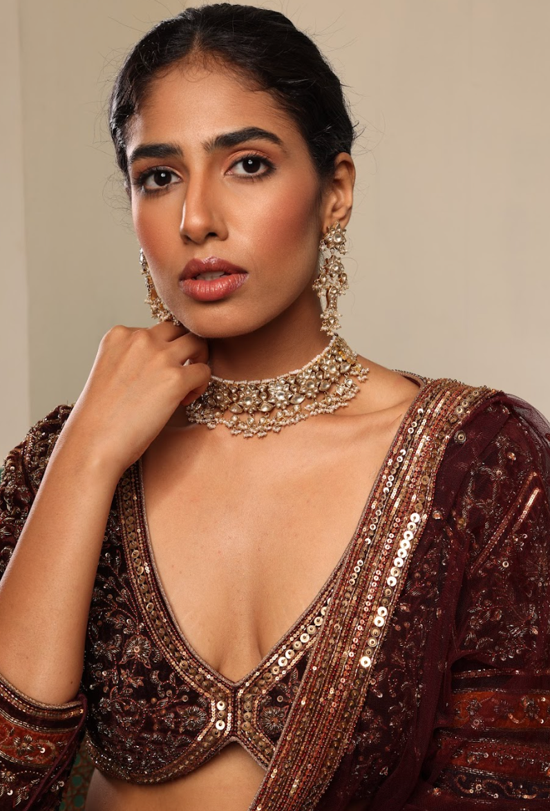 925 Silver Bavara Floral Polki Choker Necklace Set - Amrrutam