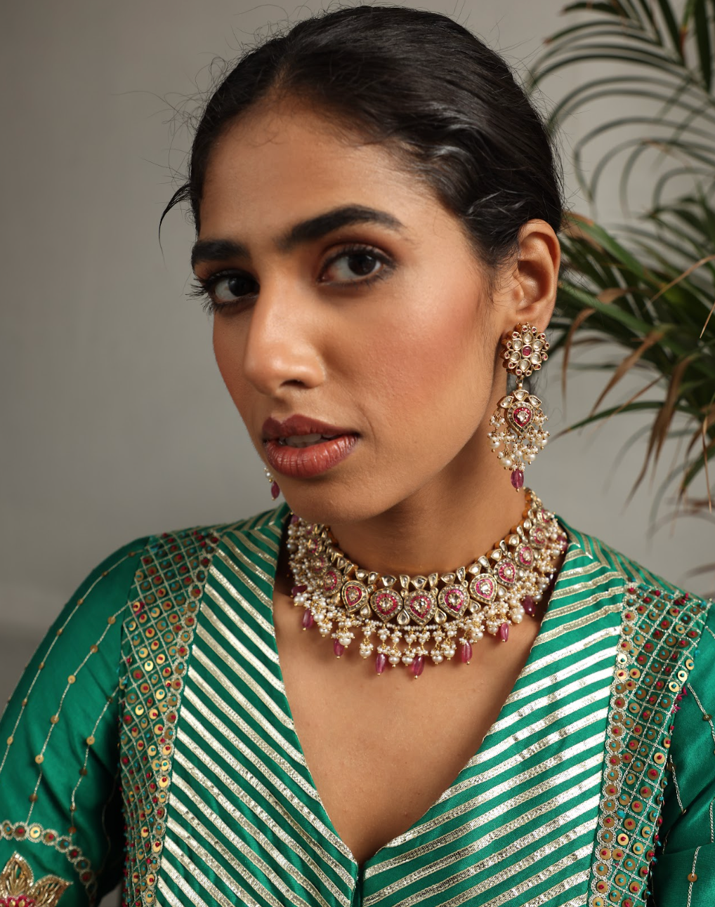 925 Silver Bavara Roza Polki Choker Necklace Set - Amrrutam