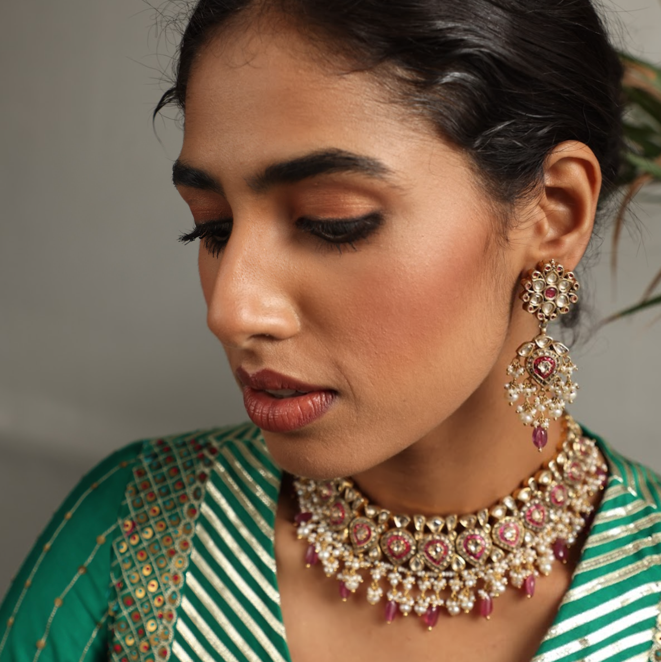 925 Silver Bavara Roza Polki Choker Necklace Set - Amrrutam