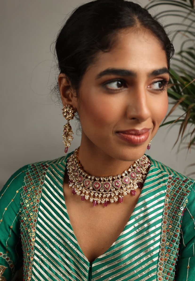 925 Silver Bavara Roza Polki Choker Necklace Set - Amrrutam