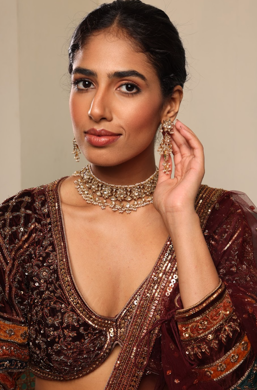 925 Silver Bavara Floral Polki Choker Necklace Set - Amrrutam