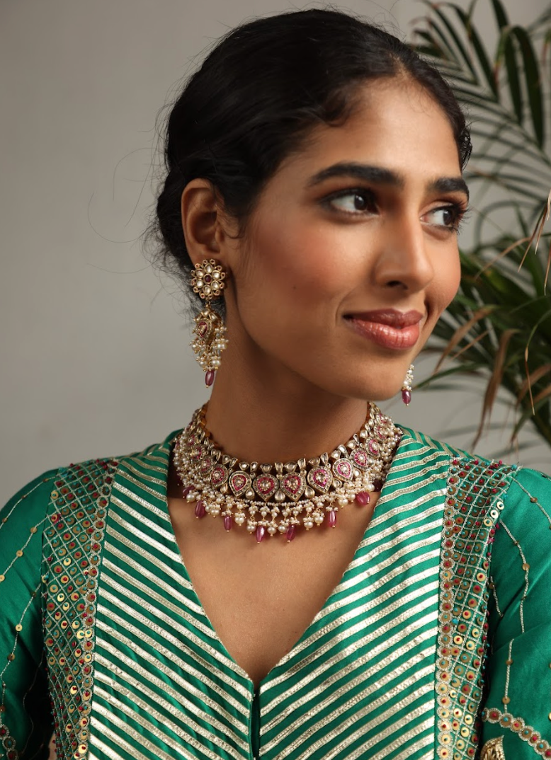 925 Silver Bavara Roza Polki Choker Necklace Set - Amrrutam