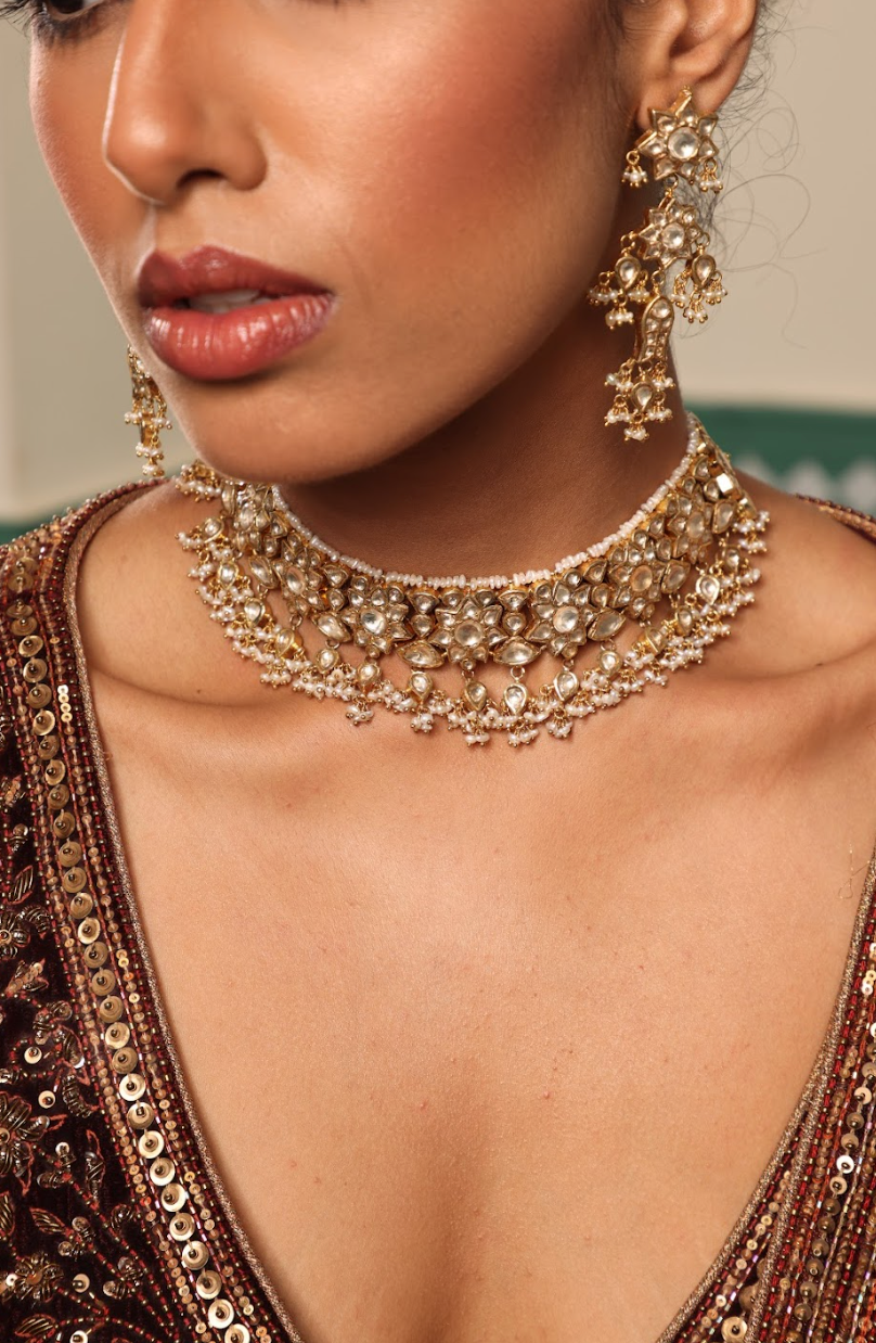 925 Silver Bavara Floral Polki Choker Necklace Set - Amrrutam