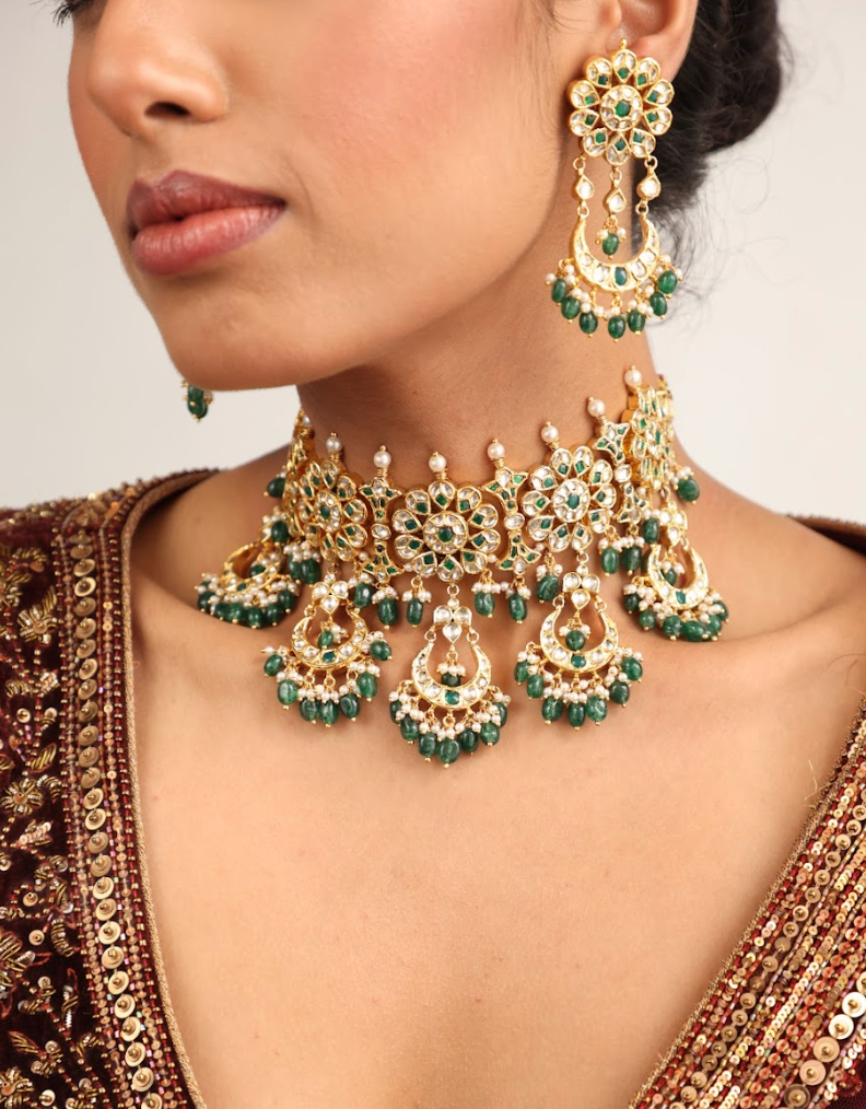 925 Silver Bavara Savar Polki Choker Necklace Set - Amrrutam
