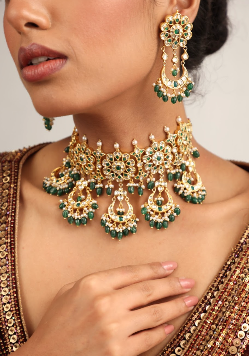 925 Silver Bavara Savar Polki Choker Necklace Set - Amrrutam